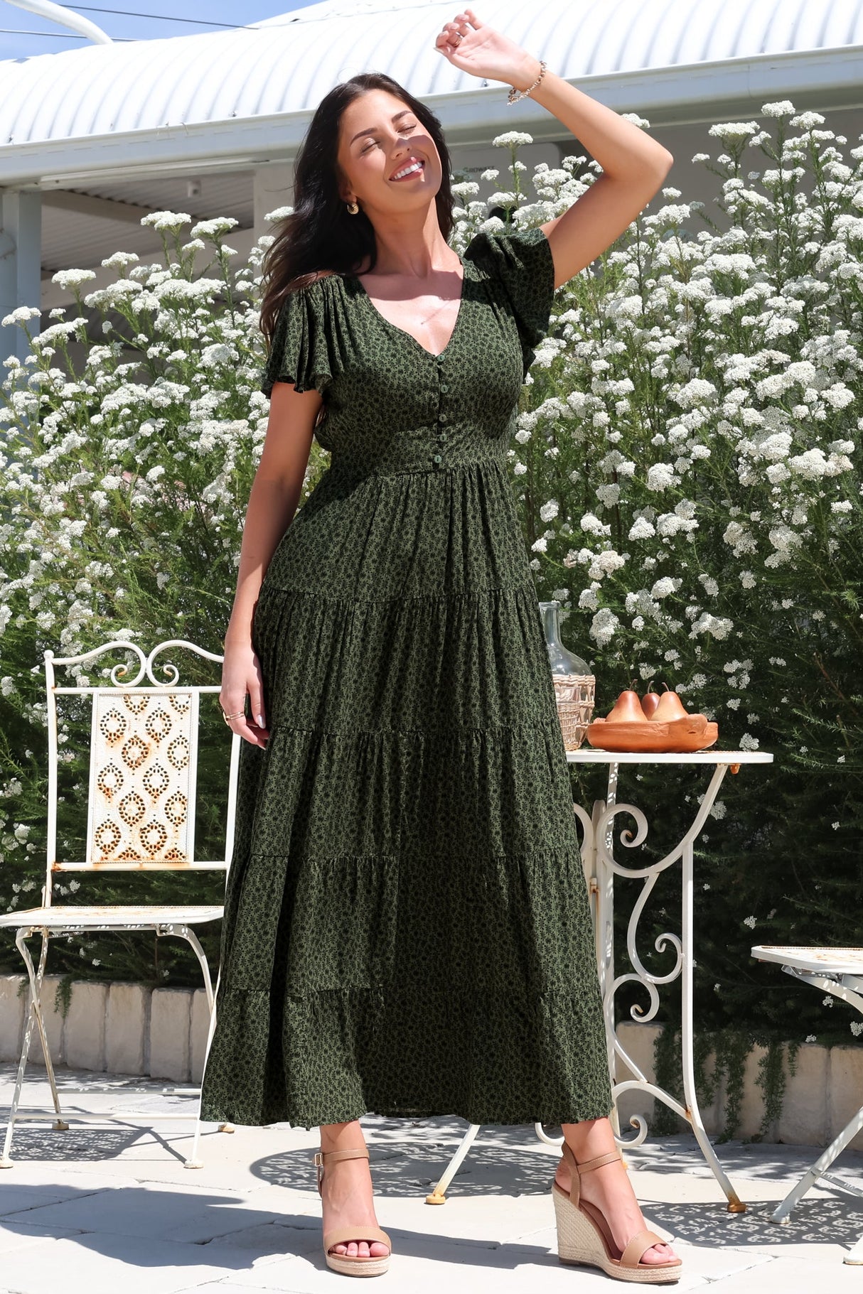 Selena Maxi Dress - Tiered A-Line Dress with Flutter Cap Sleeves in Borah Print Green