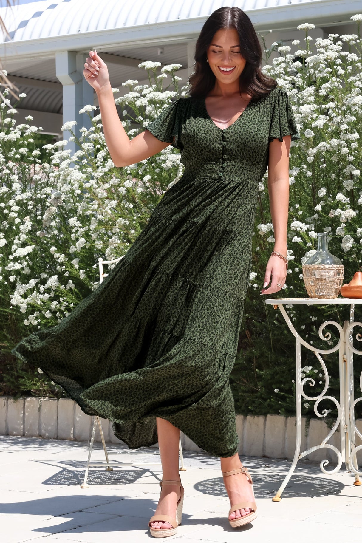 Selena Maxi Dress - Tiered A-Line Dress with Flutter Cap Sleeves in Borah Print Green