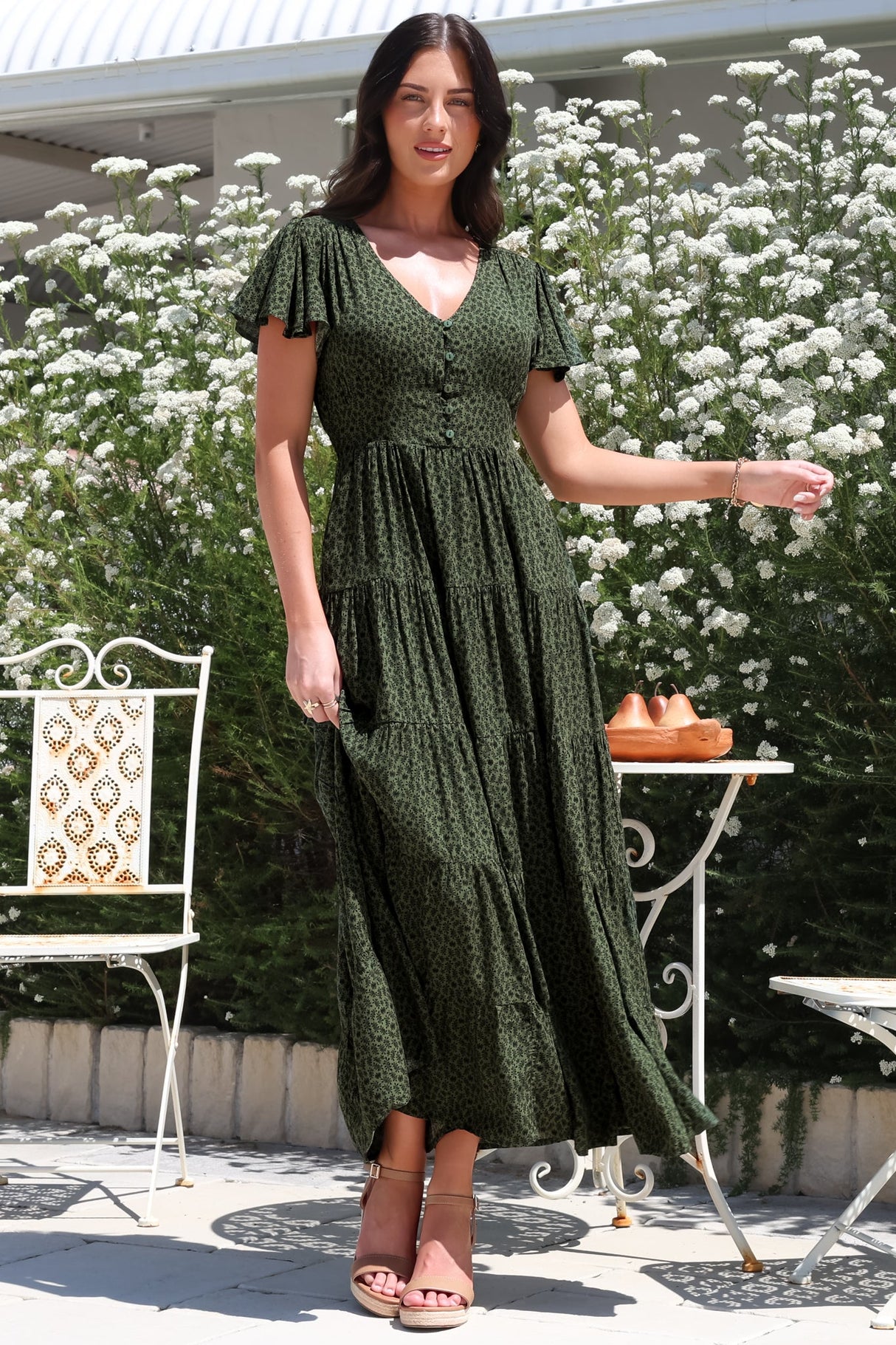 Selena Maxi Dress - Tiered A-Line Dress with Flutter Cap Sleeves in Borah Print Green