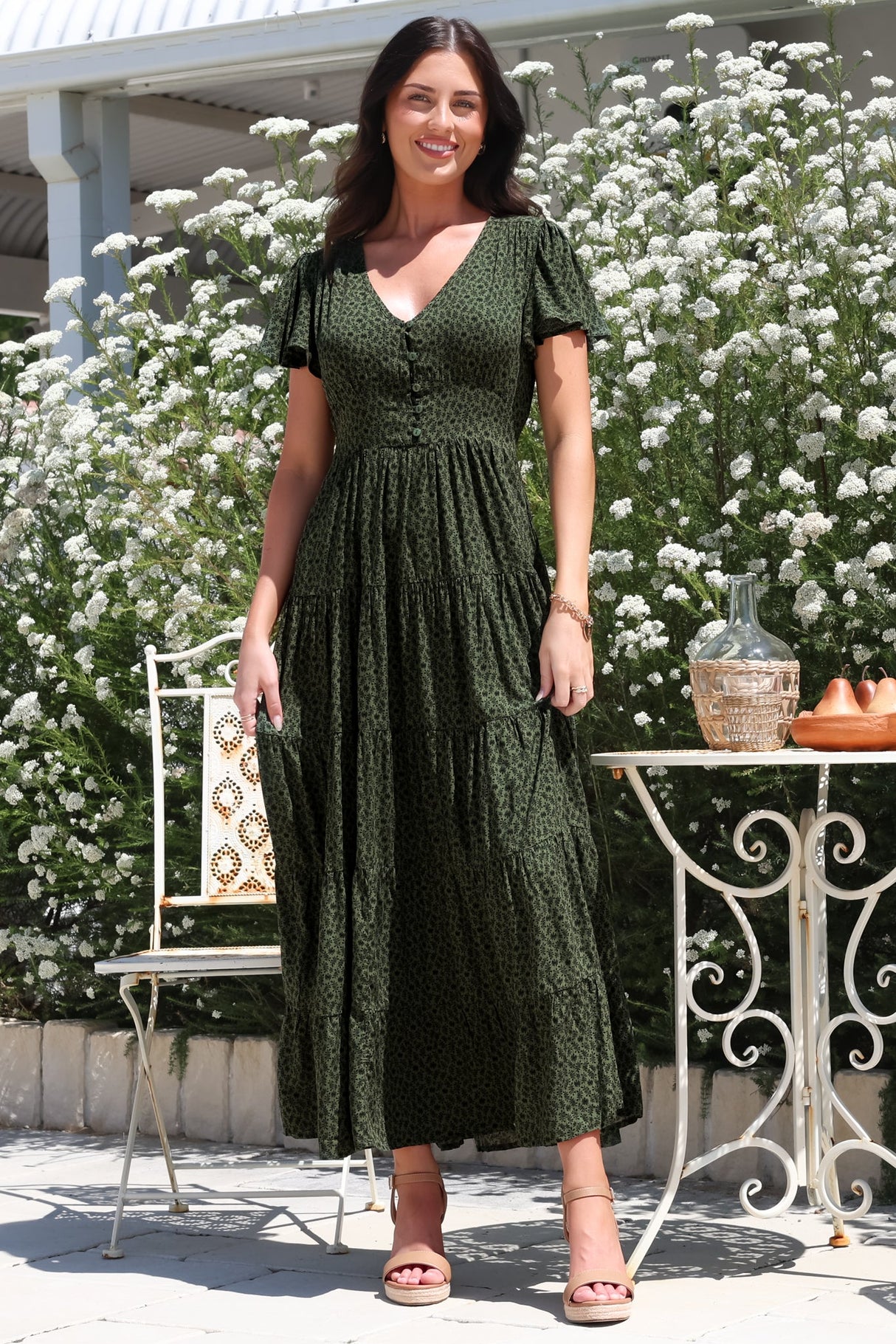 Selena Maxi Dress - Tiered A-Line Dress with Flutter Cap Sleeves in Borah Print Green