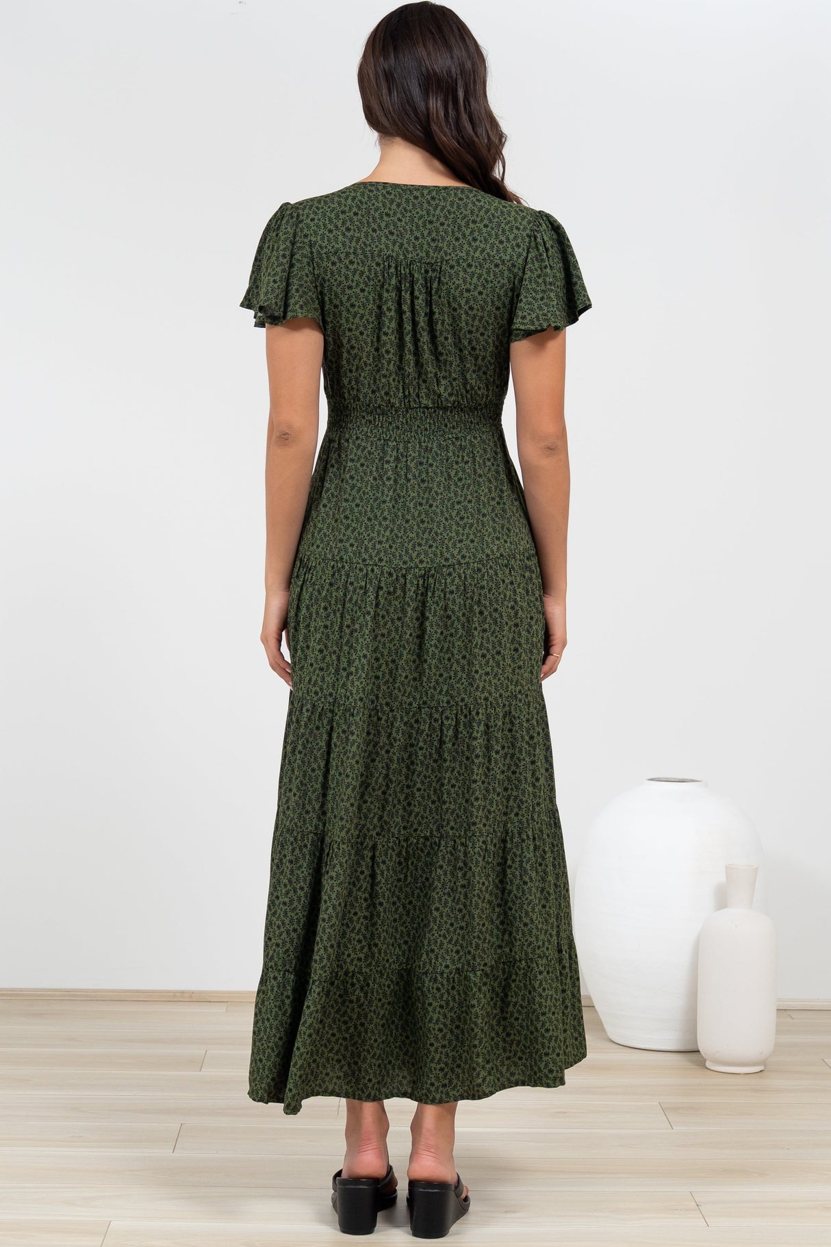 Selena Maxi Dress - Tiered A-Line Dress with Flutter Cap Sleeves in Borah Print Green