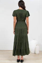 Selena Maxi Dress - Tiered A-Line Dress with Flutter Cap Sleeves in Borah Print Green