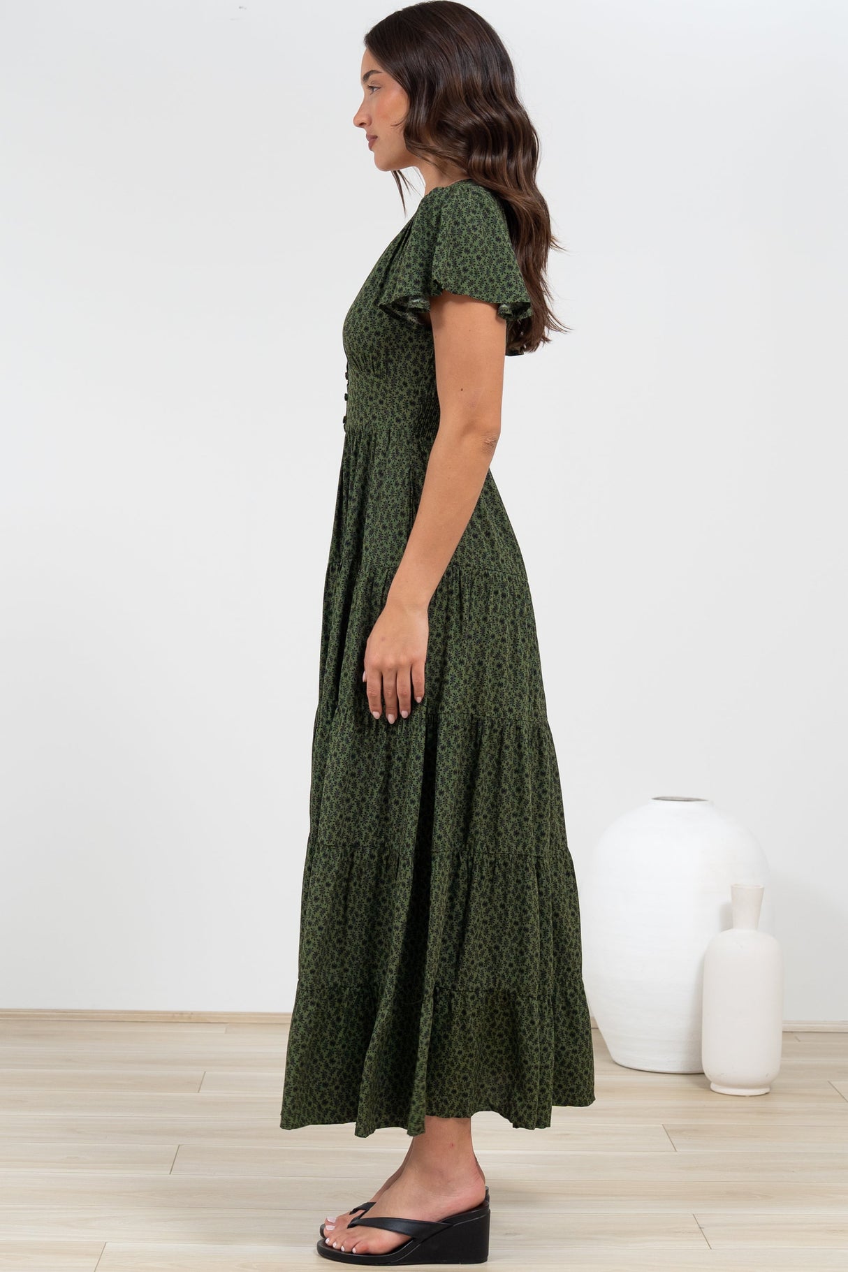 Selena Maxi Dress - Tiered A-Line Dress with Flutter Cap Sleeves in Borah Print Green