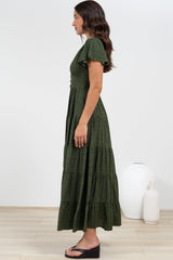 Selena Maxi Dress - Tiered A-Line Dress with Flutter Cap Sleeves in Borah Print Green