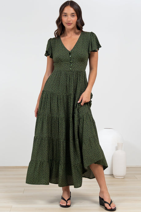 Selena Maxi Dress - Tiered A-Line Dress with Flutter Cap Sleeves in Borah Print Green