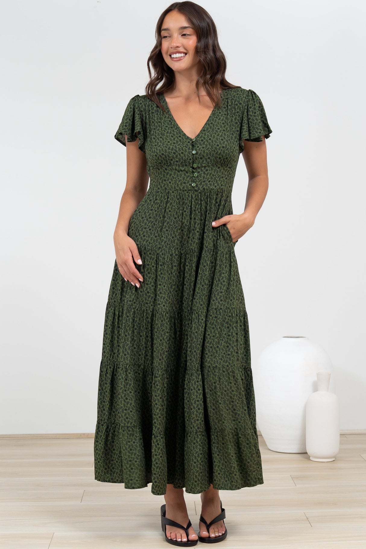 Selena Maxi Dress - Tiered A-Line Dress with Flutter Cap Sleeves in Borah Print Green