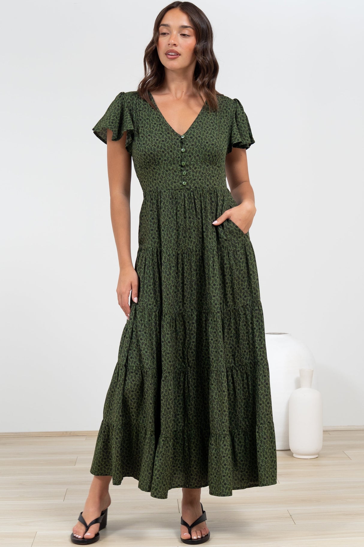 Selena Maxi Dress - Tiered A-Line Dress with Flutter Cap Sleeves in Borah Print Green