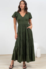 Selena Maxi Dress - Tiered A-Line Dress with Flutter Cap Sleeves in Borah Print Green