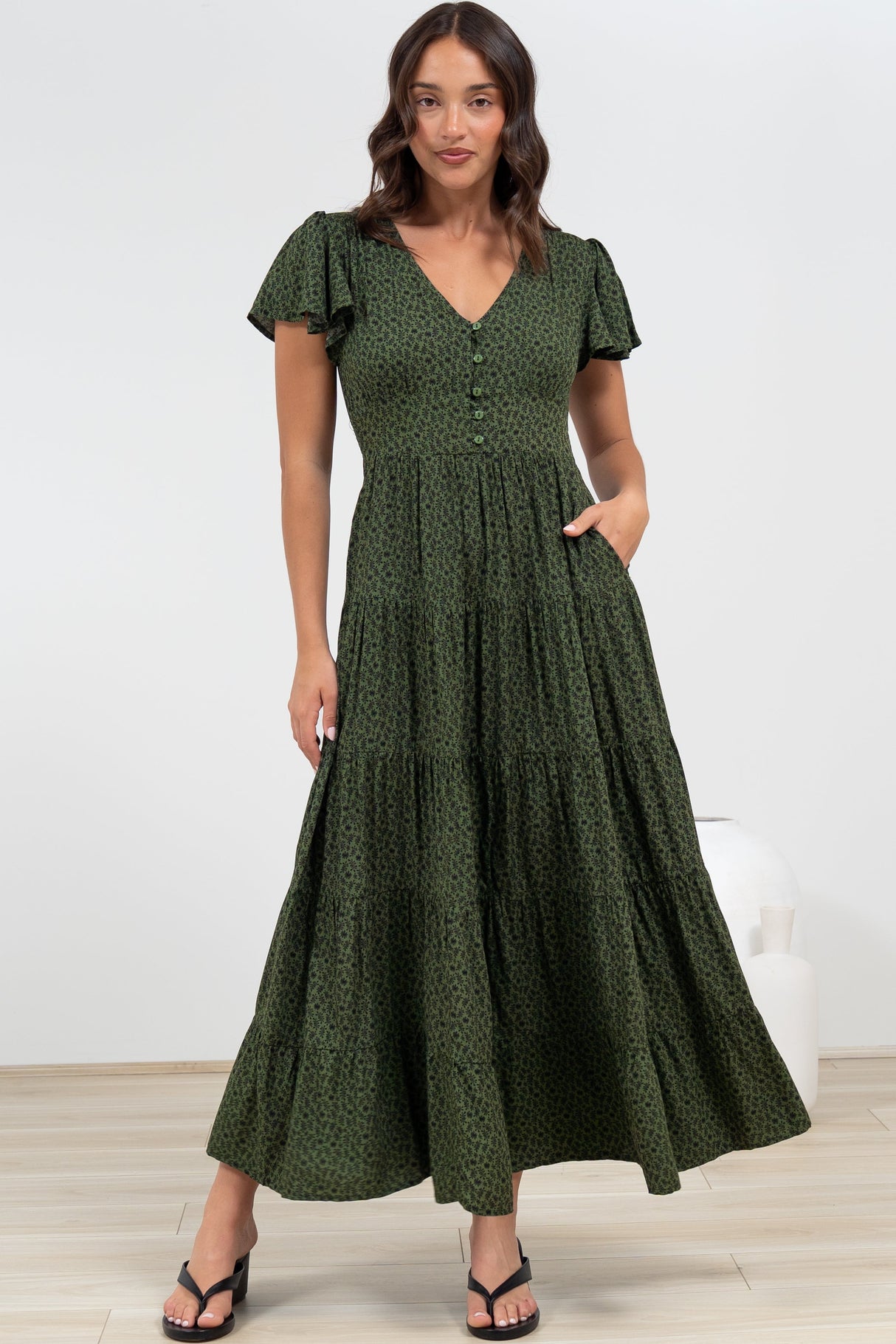 Selena Maxi Dress - Tiered A-Line Dress with Flutter Cap Sleeves in Borah Print Green