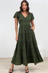 Selena Maxi Dress - Tiered A-Line Dress with Flutter Cap Sleeves in Borah Print Green