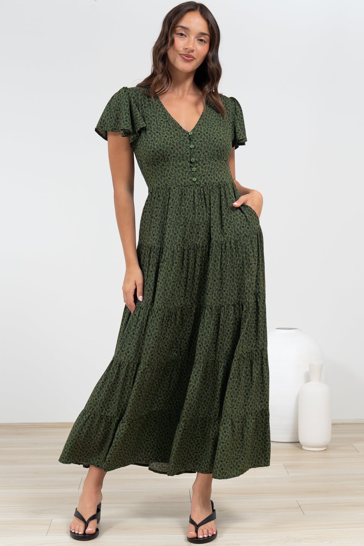 Selena Maxi Dress - Tiered A-Line Dress with Flutter Cap Sleeves in Borah Print Green