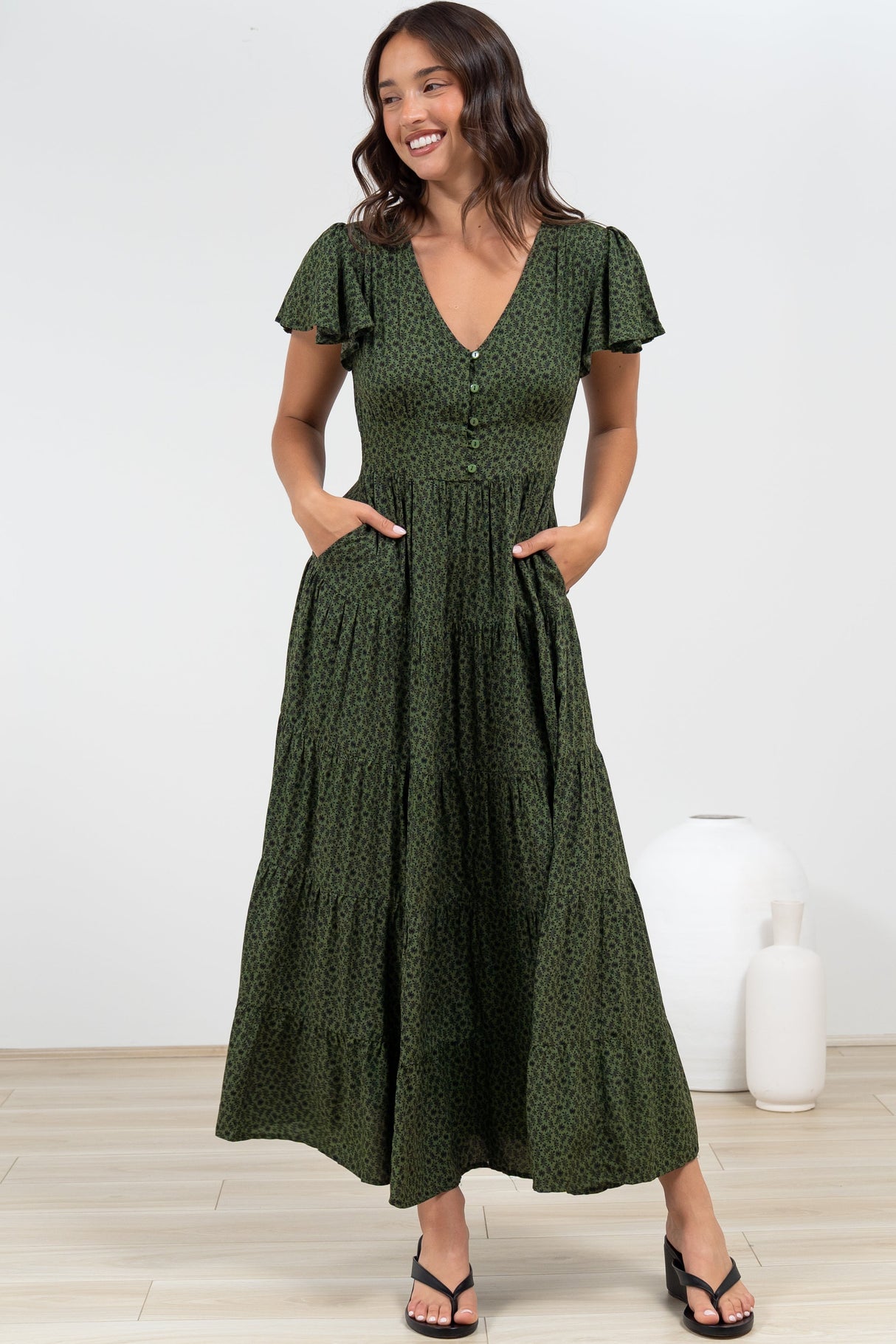 Selena Maxi Dress - Tiered A-Line Dress with Flutter Cap Sleeves in Borah Print Green