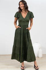 Selena Maxi Dress - Tiered A-Line Dress with Flutter Cap Sleeves in Borah Print Green