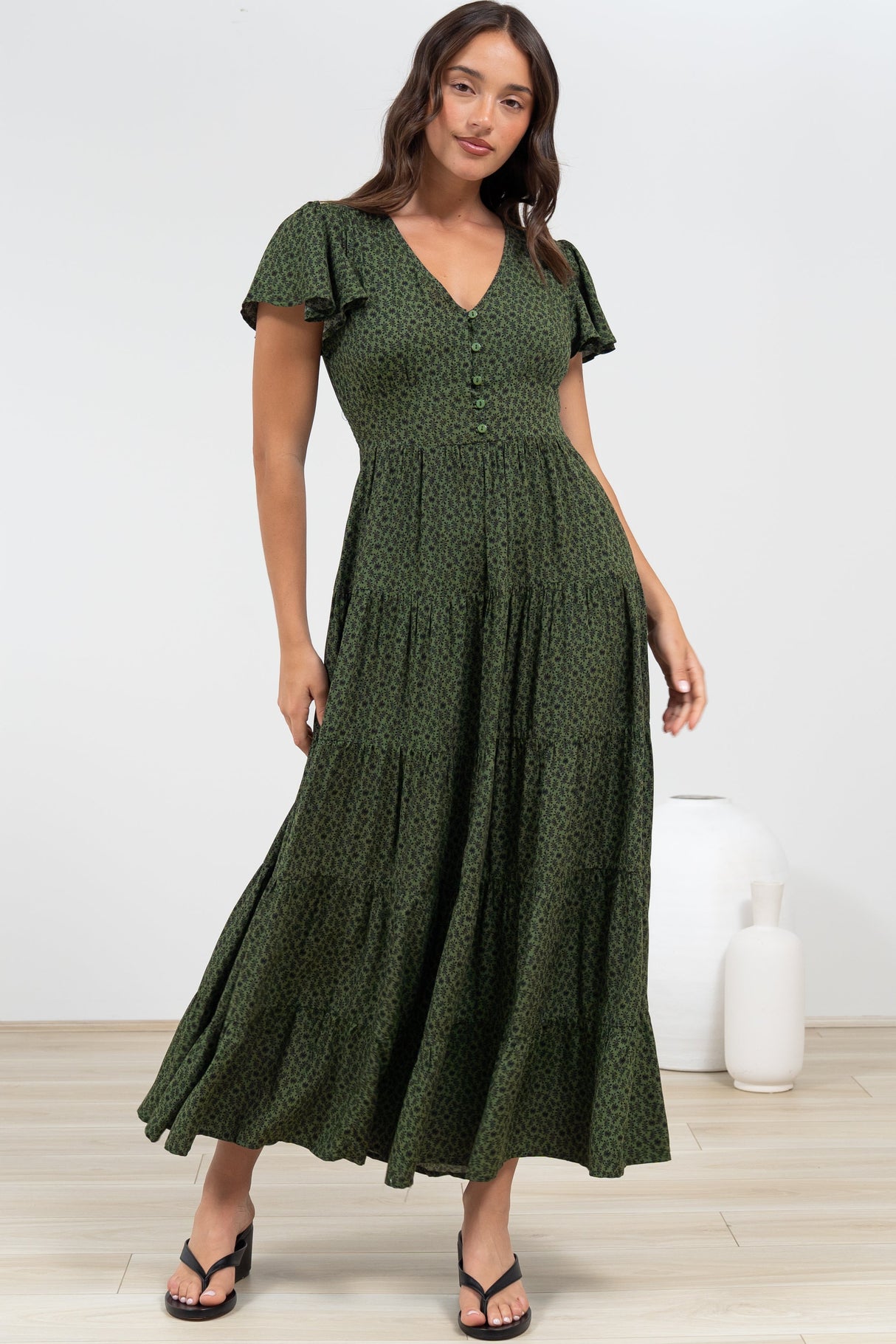 Selena Maxi Dress - Tiered A-Line Dress with Flutter Cap Sleeves in Borah Print Green