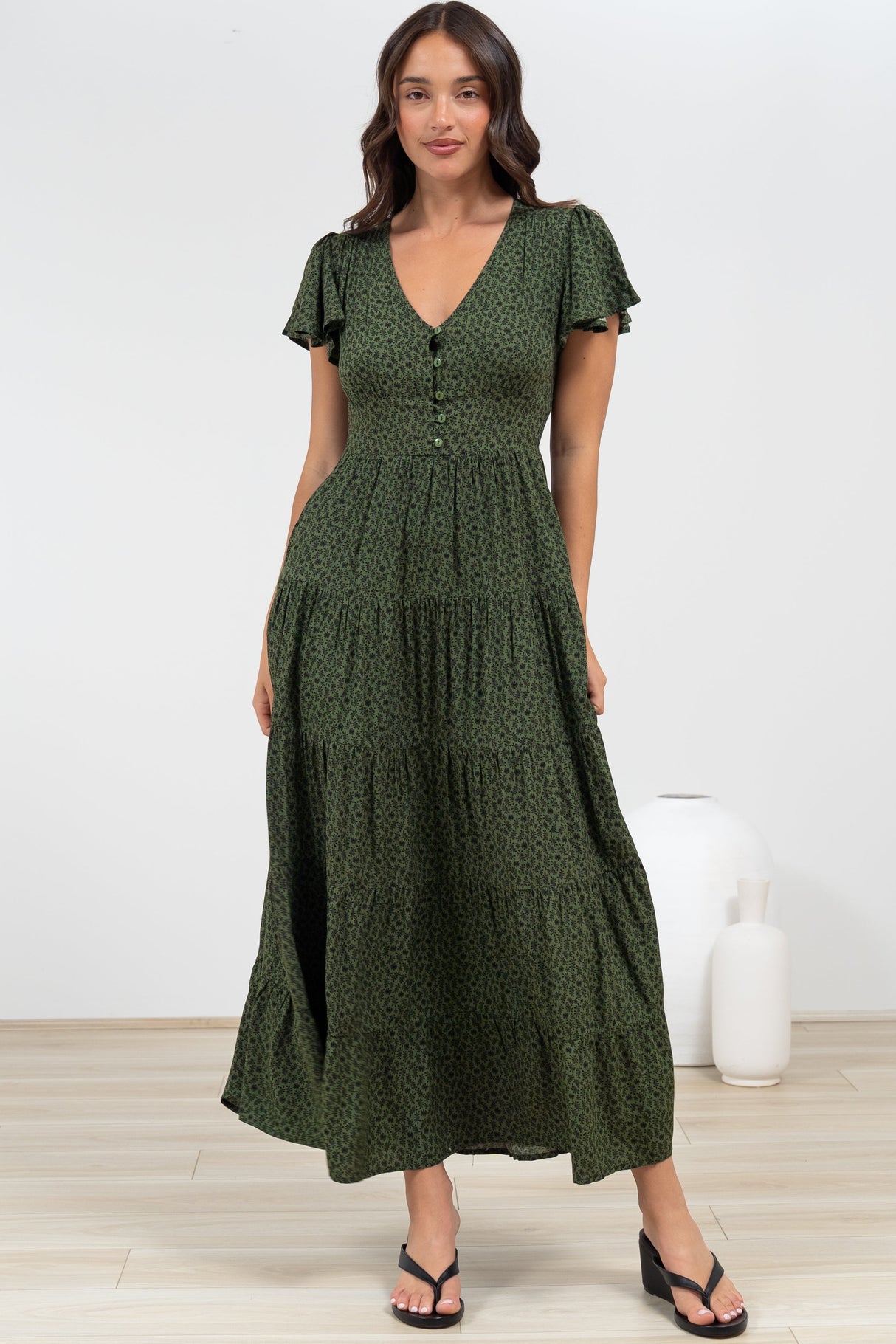 Selena Maxi Dress - Tiered A-Line Dress with Flutter Cap Sleeves in Borah Print Green