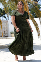 Selena Maxi Dress - Tiered A-Line Dress with Flutter Cap Sleeves in Borah Print Green