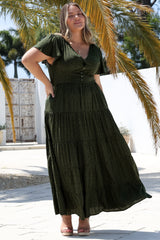 Selena Maxi Dress - Tiered A-Line Dress with Flutter Cap Sleeves in Borah Print Green