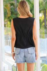 Selene Top - Scalloped V Neckline Sleeveless Babydoll Top in Black