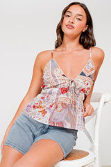Selita Cami - Adjustable Strap Low V Neckline Cami with Tie at Bust in Elaine Print White