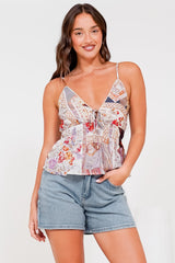 Selita Cami - Adjustable Strap Low V Neckline Cami with Tie at Bust in Elaine Print White