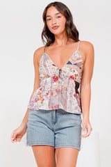 Selita Cami - Adjustable Strap Low V Neckline Cami with Tie at Bust in Elaine Print White
