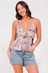 Selita Cami - Adjustable Strap Low V Neckline Cami with Tie at Bust in Elaine Print White
