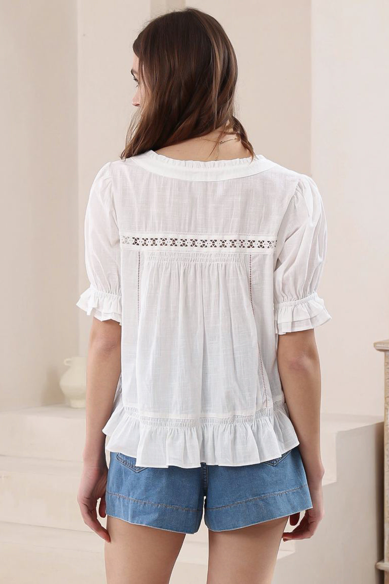 Selma Top - Round Neck Lace Detailed Pull Over Top in White