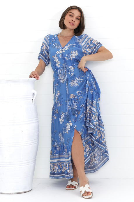 Selva Maxi Dress - Pull Tie Waist with Balloon Sleeves in Adrie Print Blue