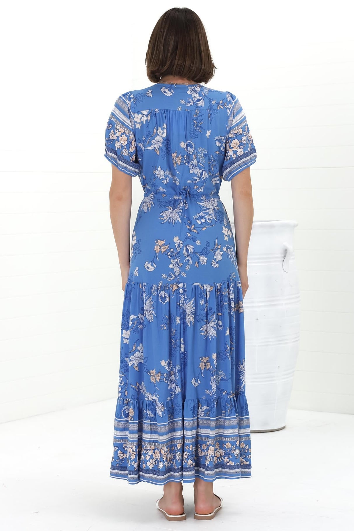 Selva Maxi Dress - Pull Tie Waist with Balloon Sleeves in Adrie Print Blue