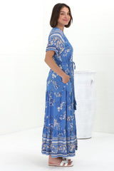 Selva Maxi Dress - Pull Tie Waist with Balloon Sleeves in Adrie Print Blue