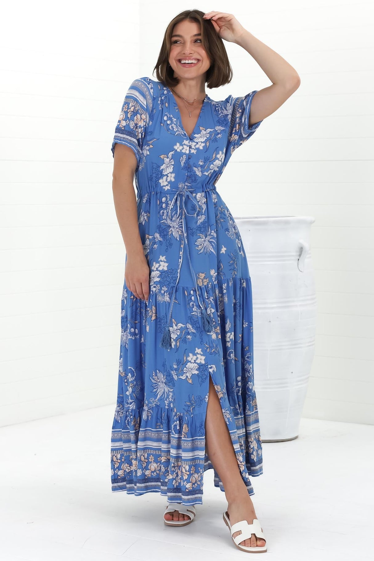 Selva Maxi Dress - Pull Tie Waist with Balloon Sleeves in Adrie Print Blue