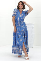 Selva Maxi Dress - Pull Tie Waist with Balloon Sleeves in Adrie Print Blue