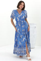 Selva Maxi Dress - Pull Tie Waist with Balloon Sleeves in Adrie Print Blue