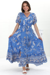 Selva Maxi Dress - Pull Tie Waist with Balloon Sleeves in Adrie Print Blue