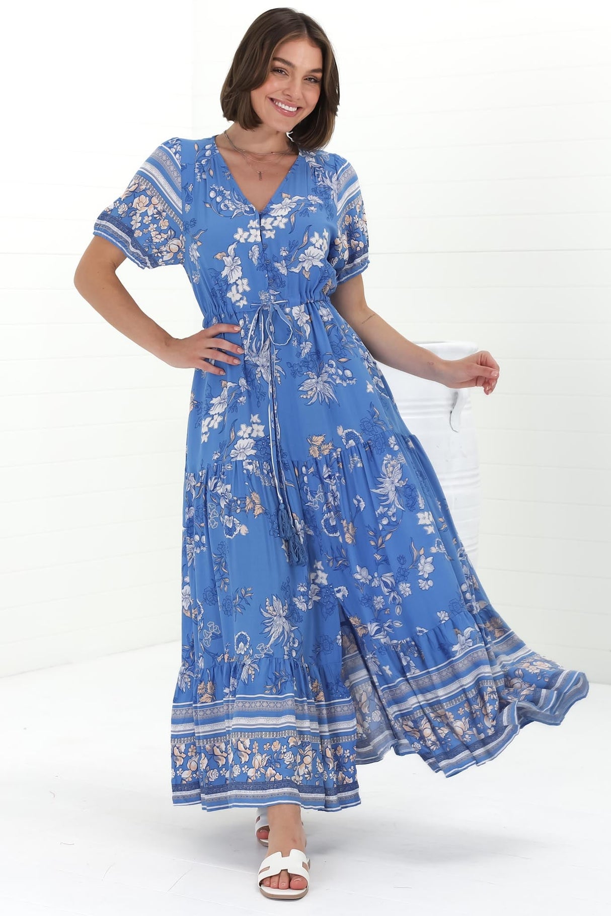 Selva Maxi Dress - Pull Tie Waist with Balloon Sleeves in Adrie Print Blue