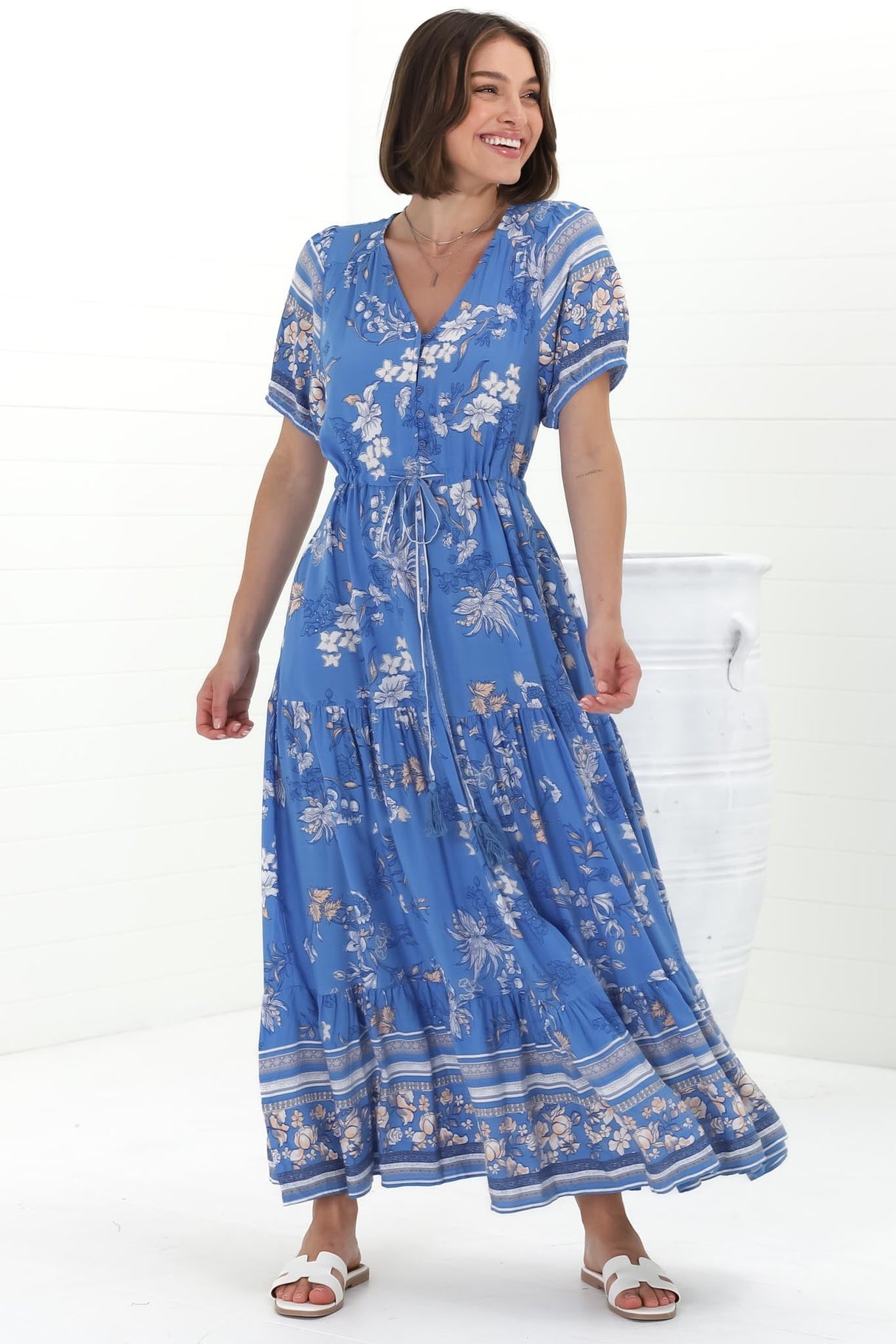 Selva Maxi Dress - Pull Tie Waist with Balloon Sleeves in Adrie Print Blue