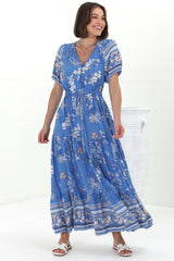 Selva Maxi Dress - Pull Tie Waist with Balloon Sleeves in Adrie Print Blue