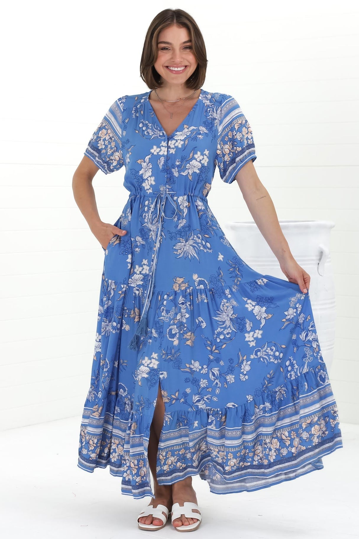 Selva Maxi Dress - Pull Tie Waist with Balloon Sleeves in Adrie Print Blue