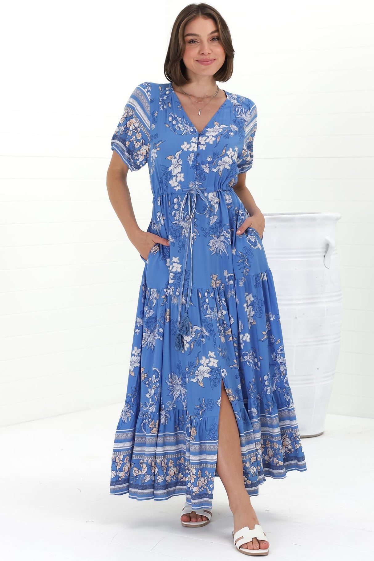 Selva Maxi Dress - Pull Tie Waist with Balloon Sleeves in Adrie Print Blue