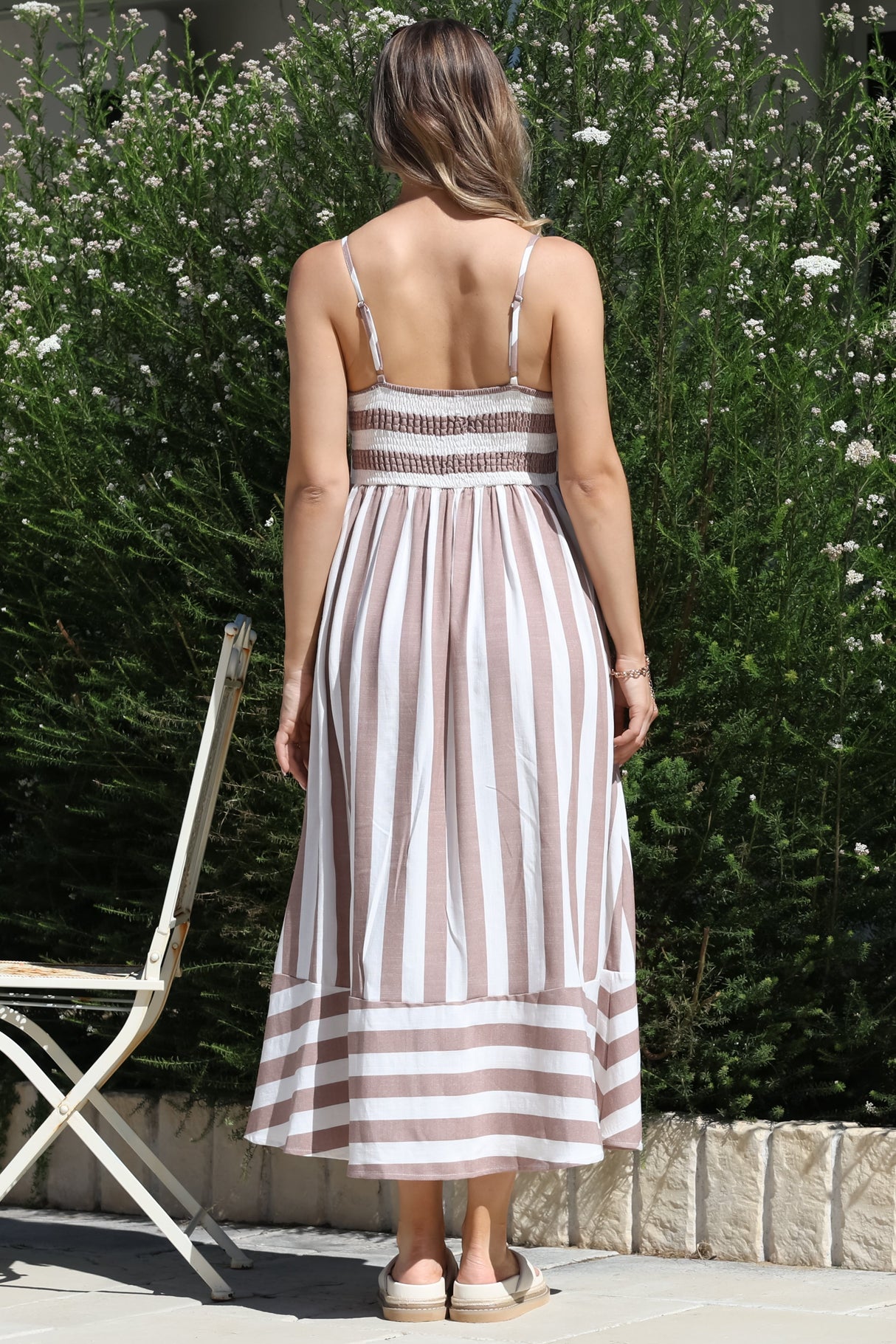 Sennia Midi Dress - Adjustable Spaghetti Strap Sun Dress in Gaubi Print Beige