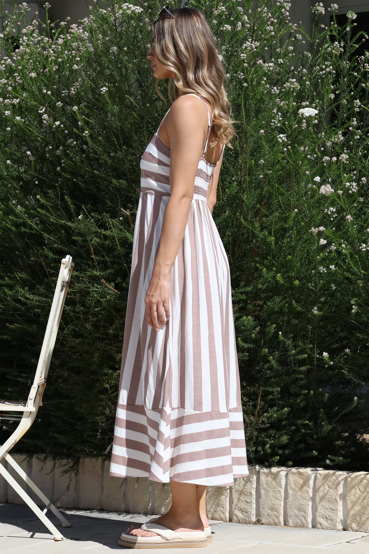 Sennia Midi Dress - Adjustable Spaghetti Strap Sun Dress in Gaubi Print Beige