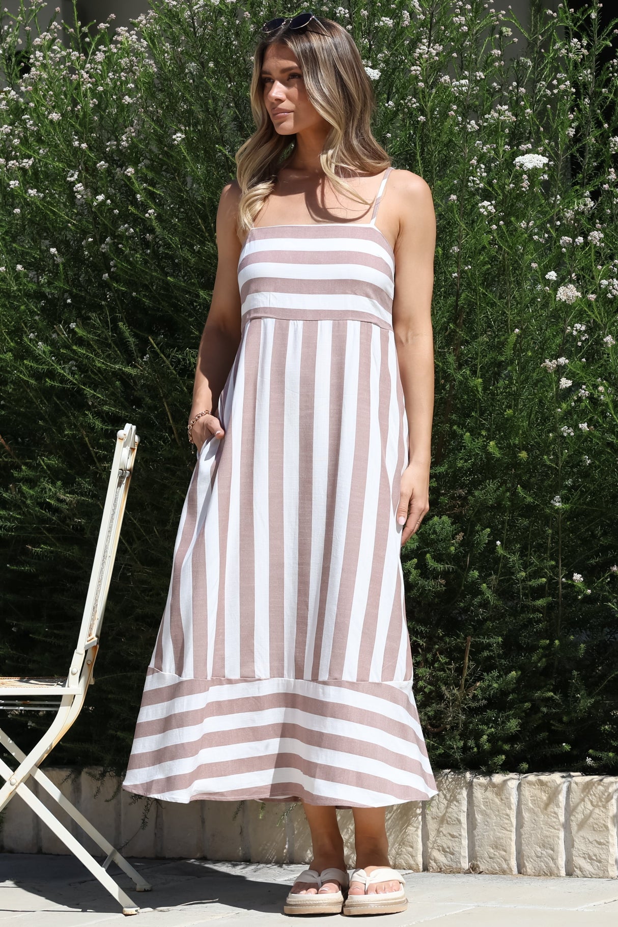 Sennia Midi Dress - Adjustable Spaghetti Strap Sun Dress in Gaubi Print Beige