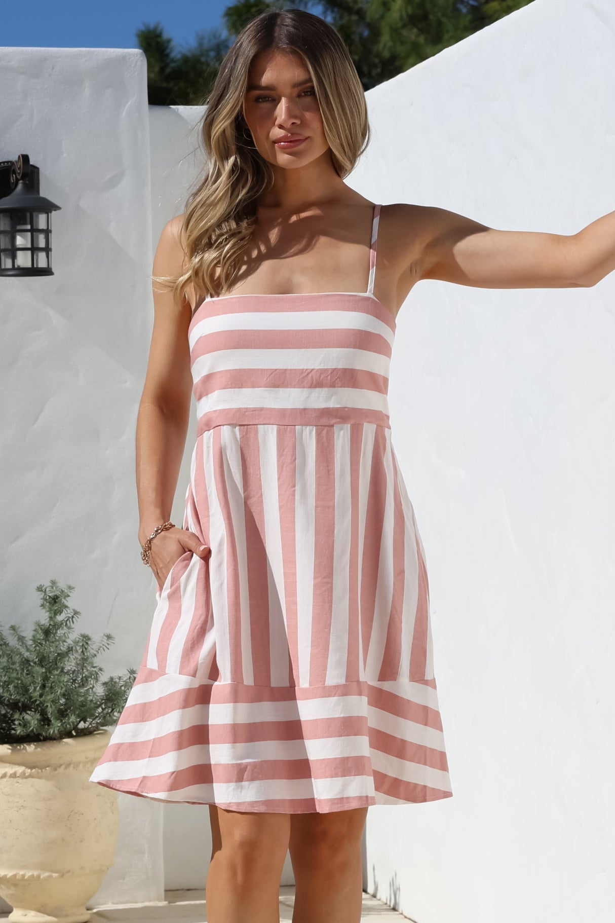 Sennia Mini Dress - Adjustable Spaghetti Strap Sun Dress in Gaubi Print Pink