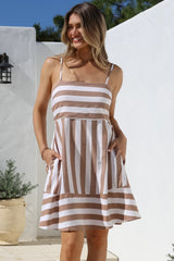 Sennia Mini Dress - Adjustable Spaghetti Strap Sun Dress in Gaubi Print Tan
