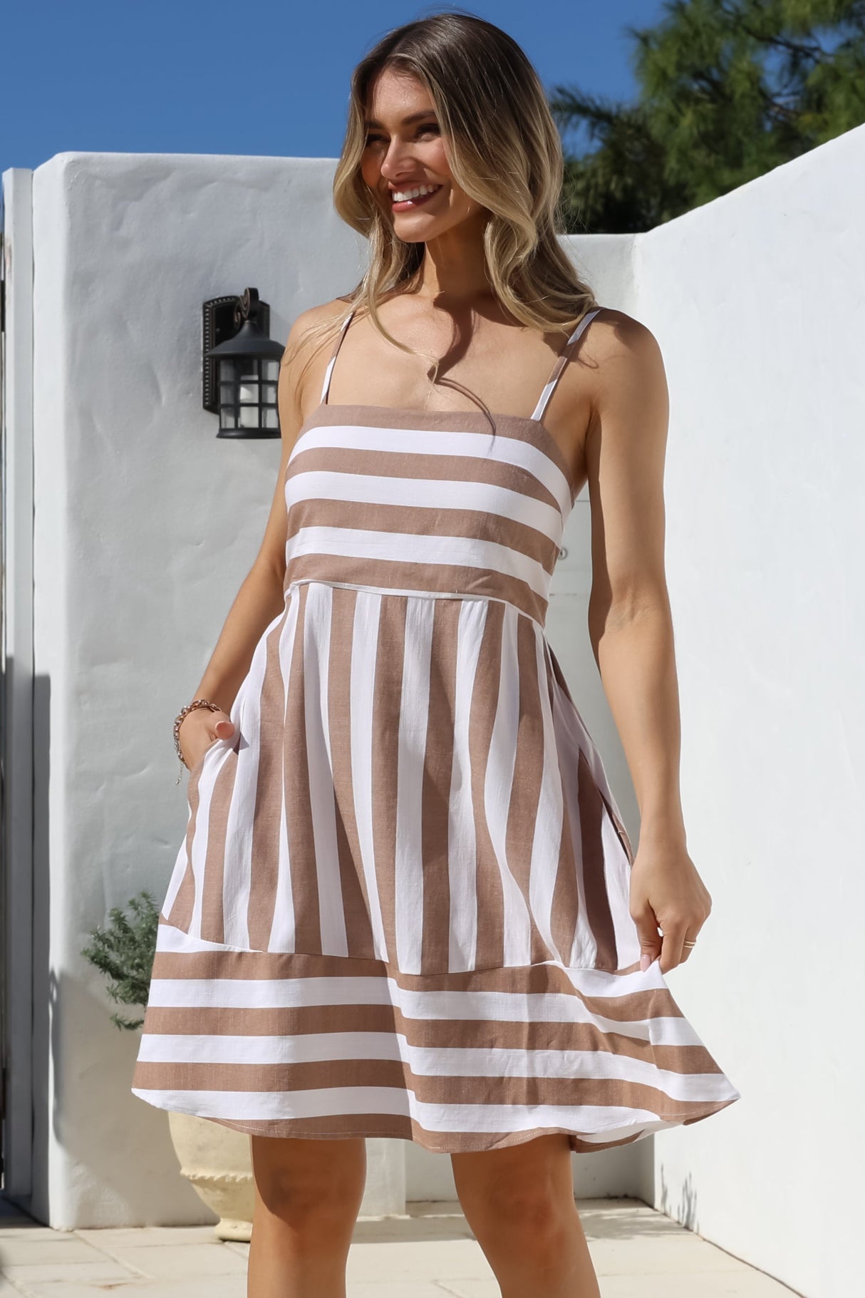 Sennia Mini Dress - Adjustable Spaghetti Strap Sun Dress in Gaubi Print Tan