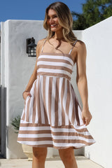 Sennia Mini Dress - Adjustable Spaghetti Strap Sun Dress in Gaubi Print Tan