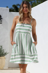 Sennia Mini Dress - Adjustable Spaghetti Strap Sun Dress in Gaubi Print Green