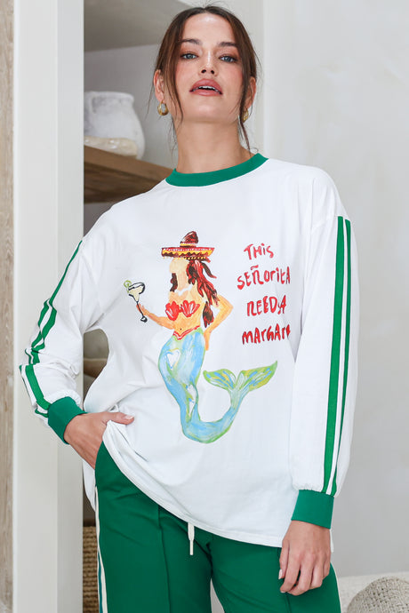 Model wearing Senorita Margarita Long Sleeve Tee in White from Salty Crush