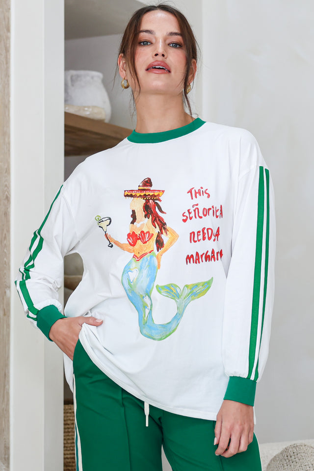Model wearing Senorita Margarita Long Sleeve Tee in White from Salty Crush