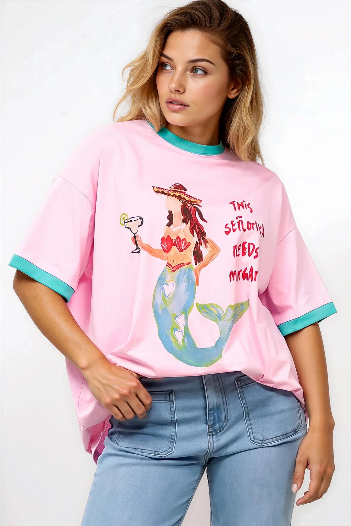 Senorita Margarita Tee - Crew Neck Oversized Graphic Tee in Pink